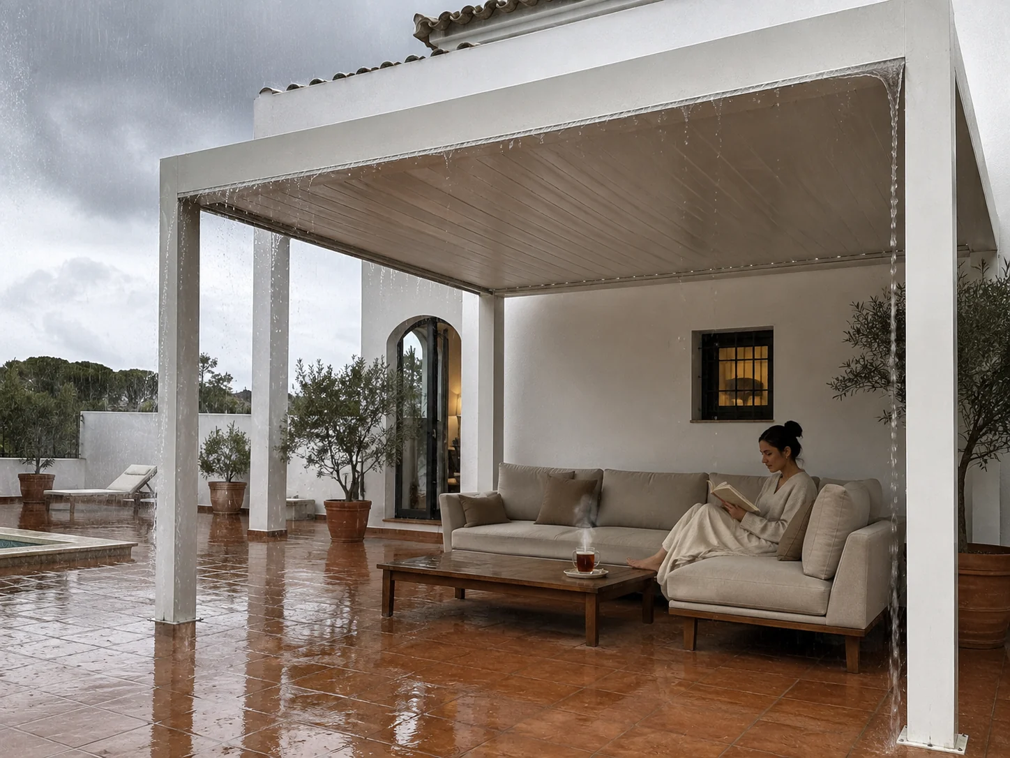 Pergola بيضاء بشفرات مغلقة تحت المطر، والأثاث الخارجي يبقى جافًا تحتها